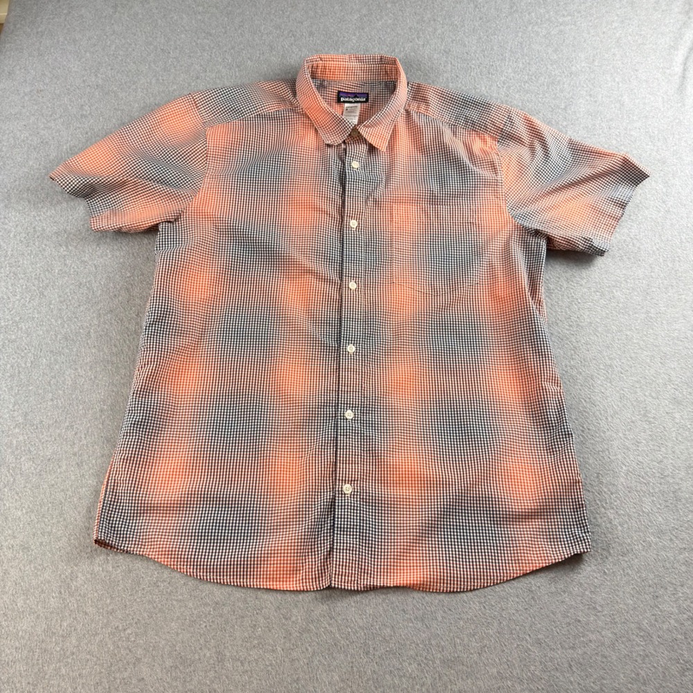 Patagonia Sun Stretch Shirt Men's L Orange Plaid Short Sleeve Fishing Hiking